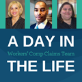 "A Day in the Life - Workers Comp Claims Team" with headshots of NJM employees, Yamille, Reggie, and Melisa.
