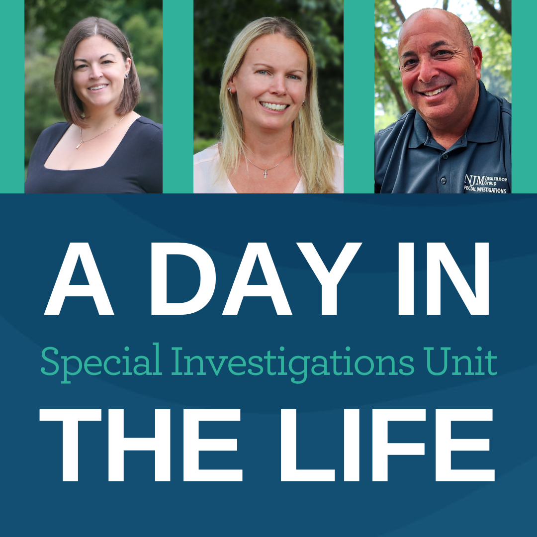 "A Day in the Life" with headshots of NJM Special Investigations Unit employees Jen, Lori, and Bob.