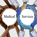 Hands gathered around title "Medical Services", some with and some without medical gloves.