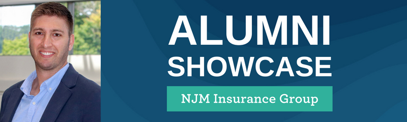 Headshot of NJM employee Adam, with text "Alumni Showcase - NJM Insurance Group"